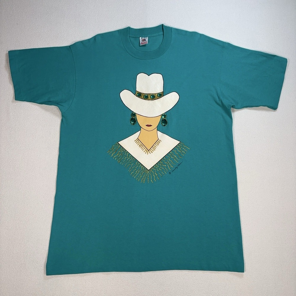 VTG Fruit Of The Loom Single Stitch T-Shirt Men's XL Teal Country Charm *HOLE*